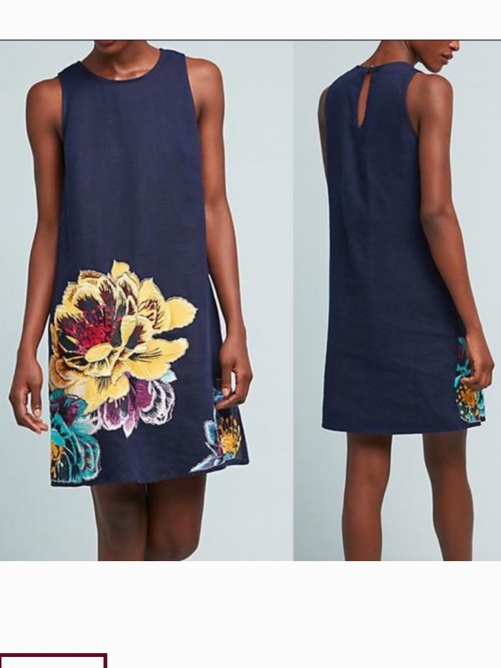 Anthropologie Maeve Posie Navy Floral Embroidered Shift Dress Size S